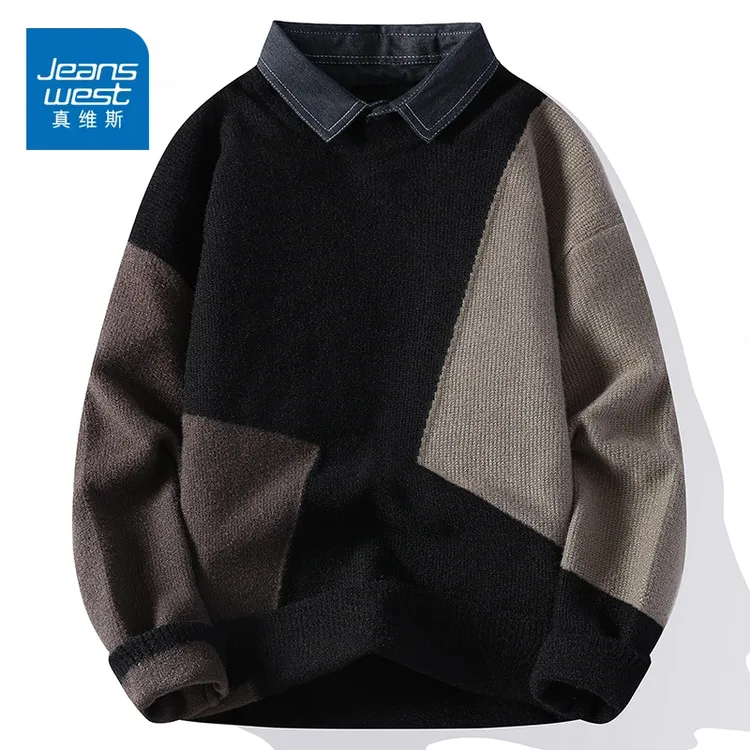 真维斯早秋款打底衬衫领假两件套头保暖毛衣男带领针织衫外套男款