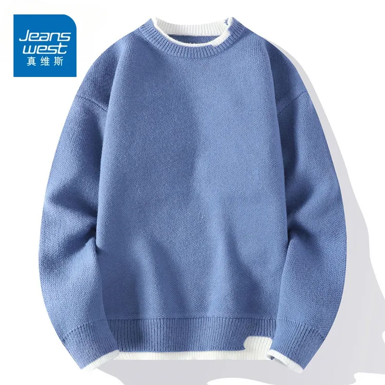 真维斯潮牌假两件毛衣男款早秋季宽松休闲毛线衣白色帅气针织衫男