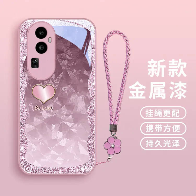 琉闪爱心适用opporeno10/10pro手机壳Reno11/11pro玻璃壳女款挂绳