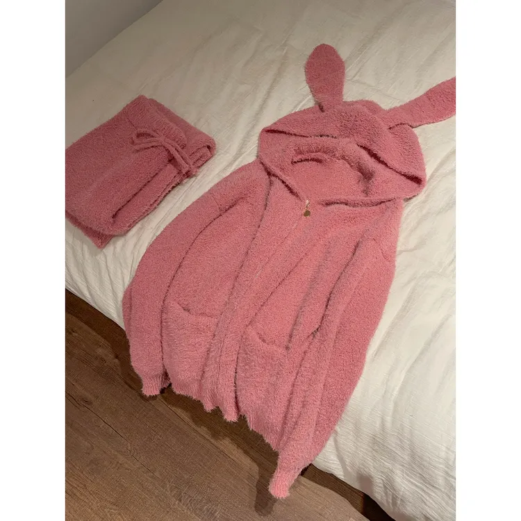 韩版甜美兔耳朵拉链连帽半边绒睡衣女套装秋冬新款保暖长裤家居服