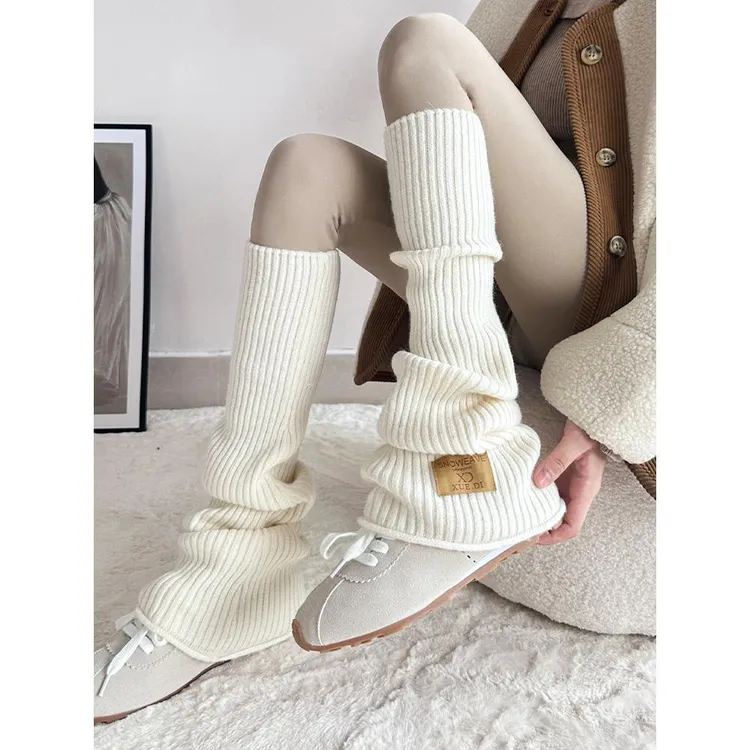 米白色腿套修饰腿型袜套秋冬季喇叭型配瑜伽裤小腿miu系堆堆袜套