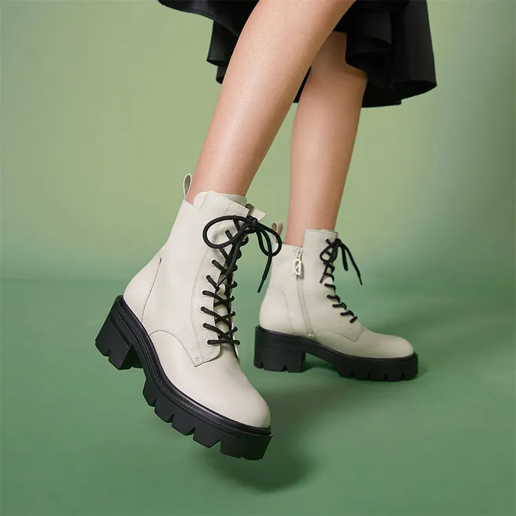 秋冬新款牛皮圆头侧拉链中筒马丁靴女