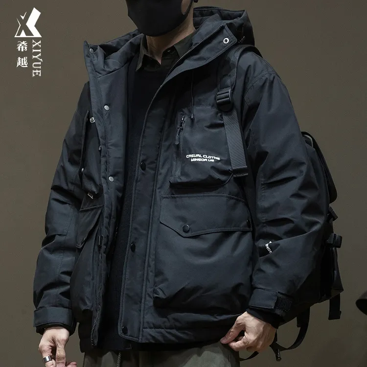 新国标潮牌灰鸭绒羽绒服男连帽工装风冬季外套男士保暖黑色外衣潮