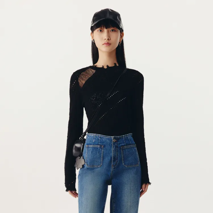 HPLY荷比俪春季新款女蕾丝图案流苏细节针织衫HMD13650109