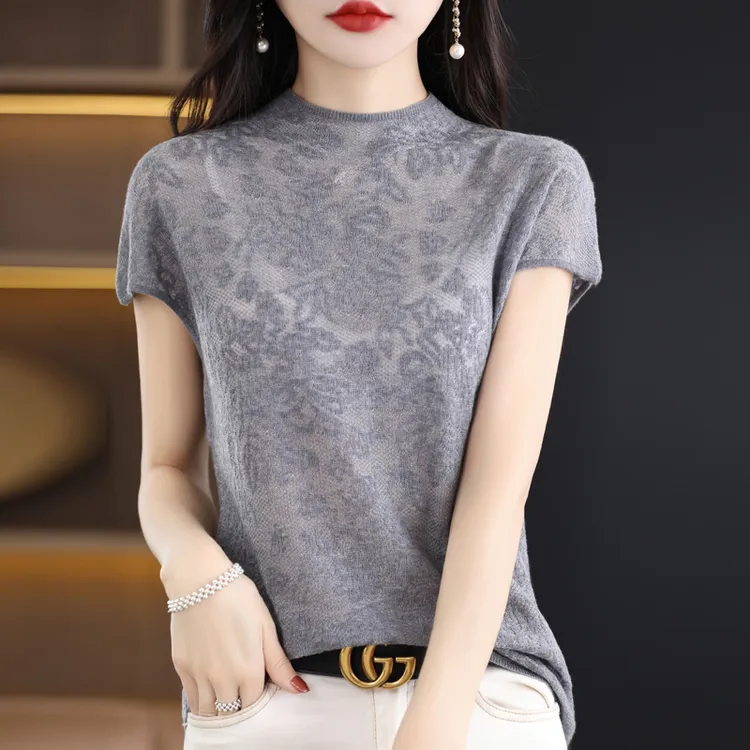 精纺羊毛蕾丝针织短袖女夏季新款半高领镂空百搭显瘦半袖T恤上衣