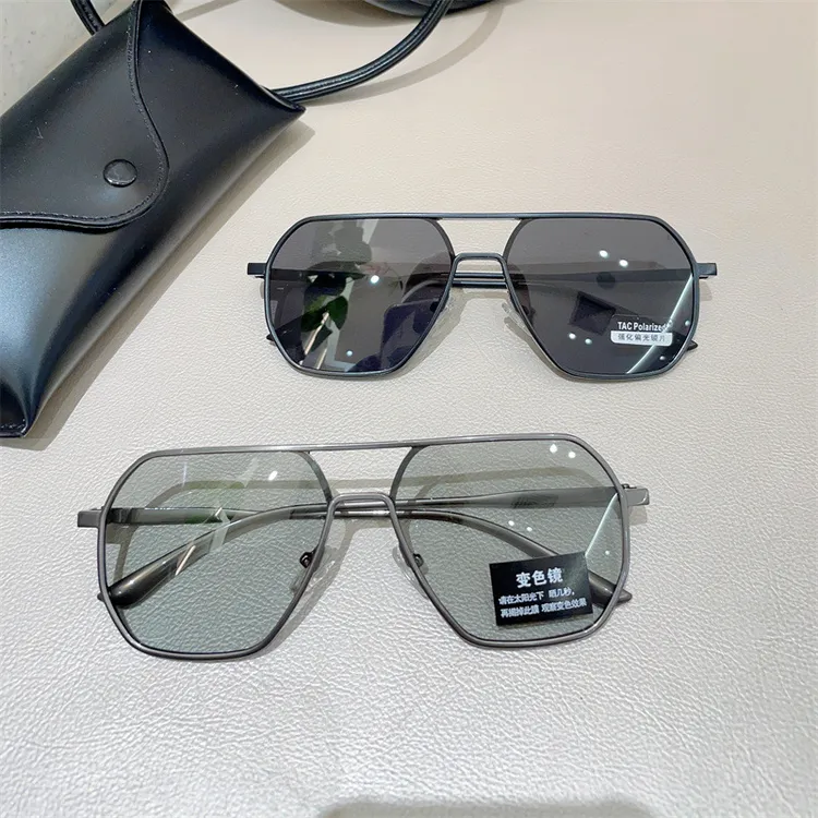 新款强化偏光镜片变色片双梁金属墨镜多边形防晒钓鱼骑行太阳镜