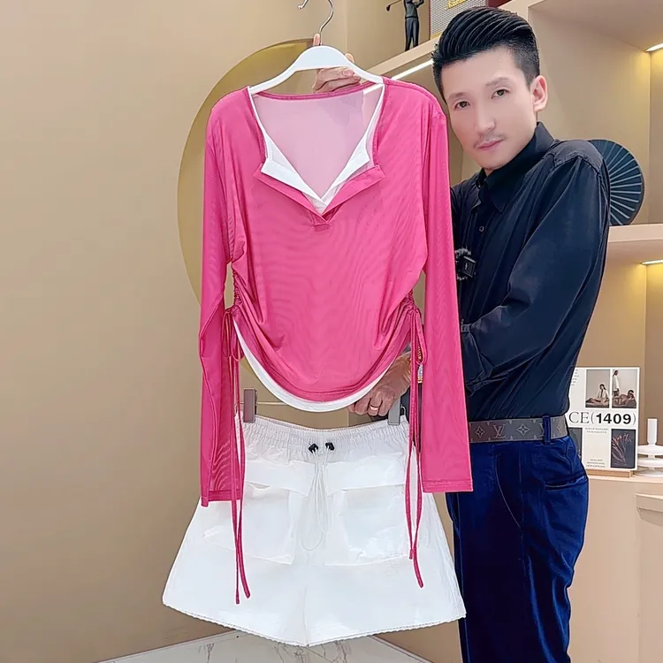 【LIANG哥女装】夏季精致轻薄透气冰丝假两件梅子红上衣3885A-3877A