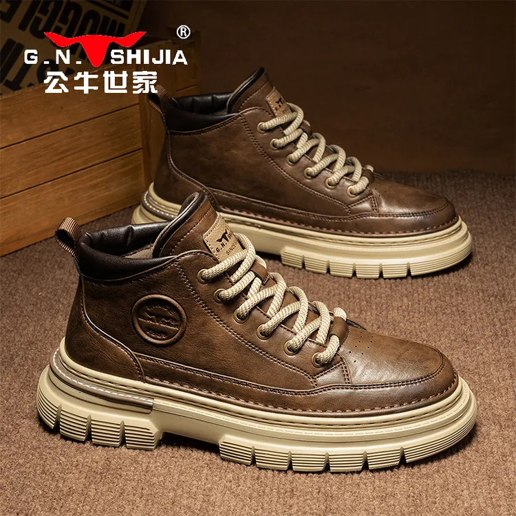 公牛世家男士马丁靴冬季高帮工装男鞋英伦风加绒短靴中帮休闲靴子