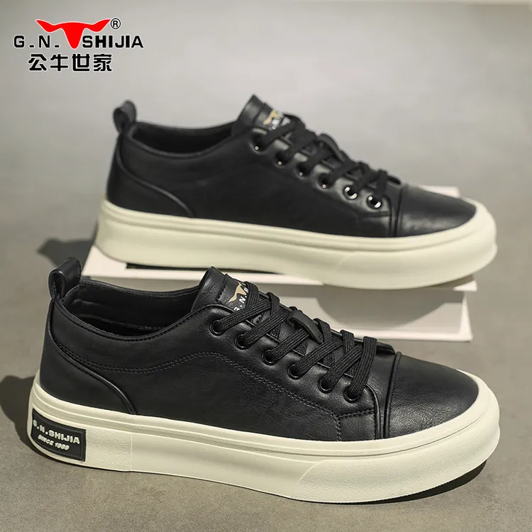 公牛世家秋季男士低帮板鞋时尚厚底休闲男鞋皮面潮鞋百搭平底鞋子