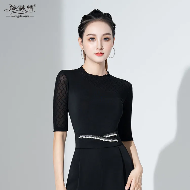 缤骐麟拉丁舞上衣女新款中袖国标形体练习服镂空吉特巴摩登舞上装