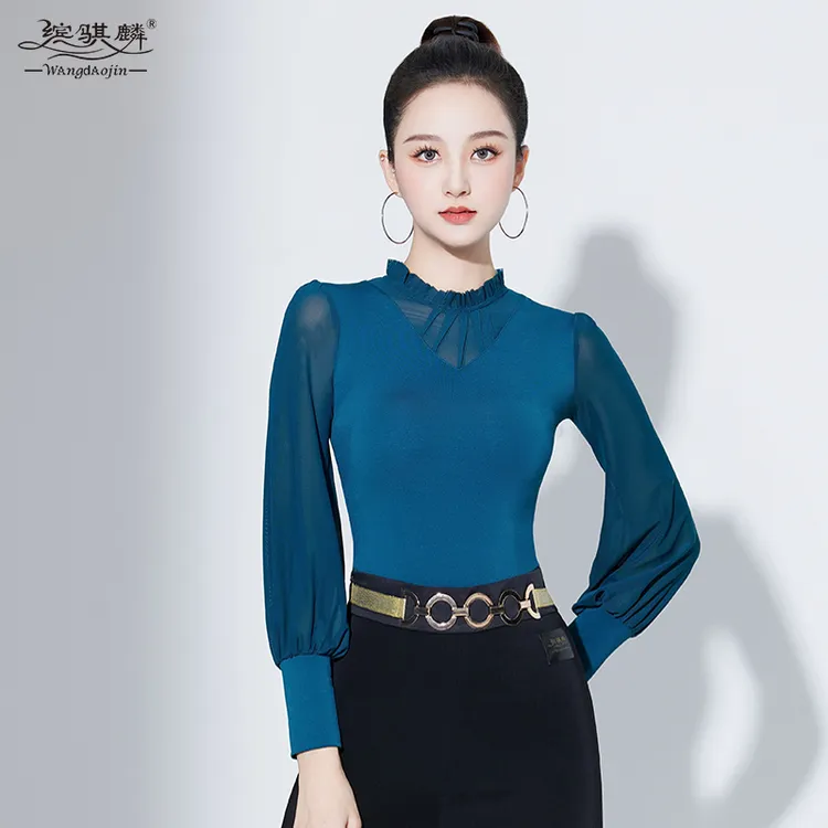 拉丁舞上衣女新款长袖摩登舞衣网纱灯笼袖交谊舞跳舞练功服演出服