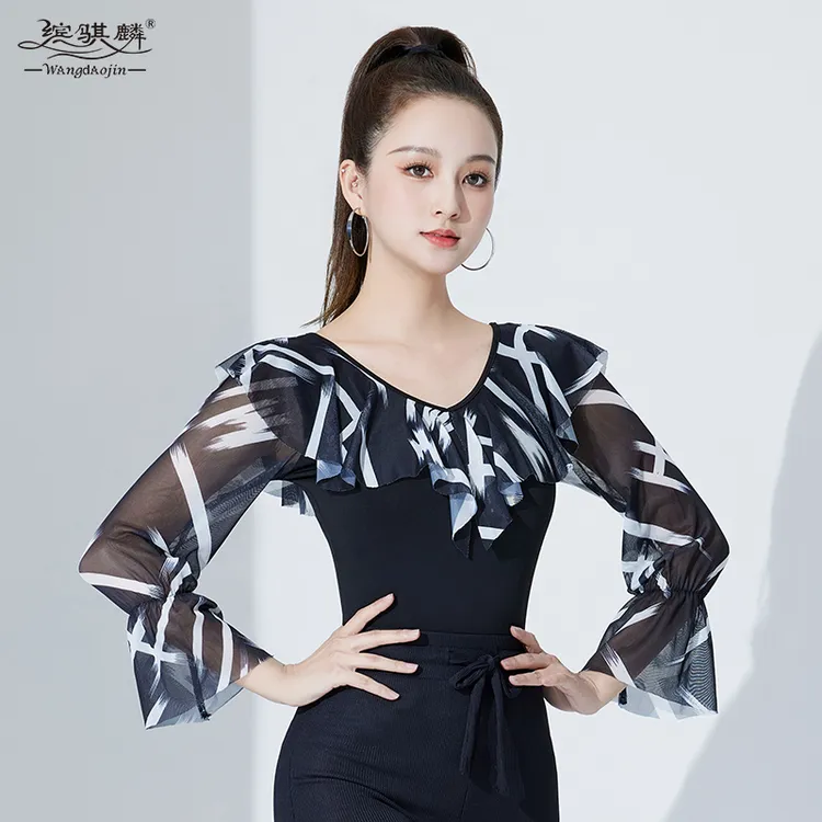 摩登舞上衣新款女成人交谊舞蹈服装印花拉丁舞长袖练功服国标舞服