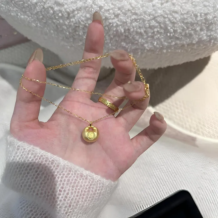 依弗 钛钢项链 小胖福锁金色项链十字蛇骨链珠珠链新款新年礼物