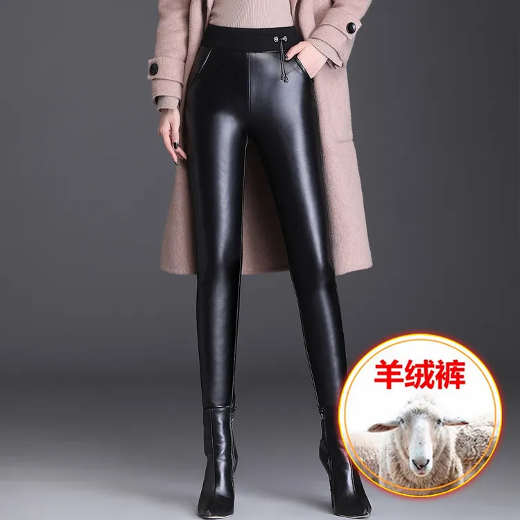 加绒PU皮裤女士外穿加厚冬季2024新款保暖棉裤亚光小脚长裤打底裤