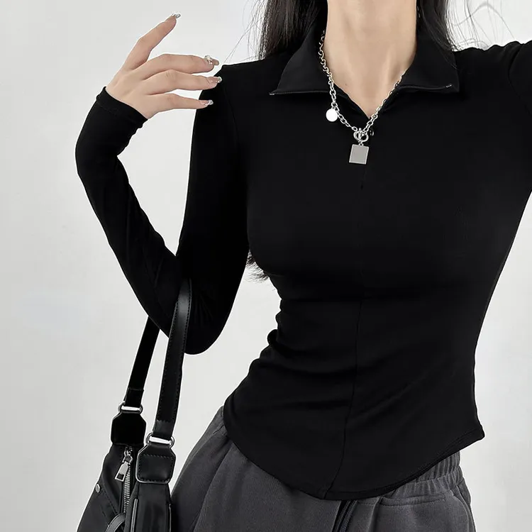 秋季长袖t恤女2023新款美式正肩修身拉链款上衣polo领纯色打底衫
