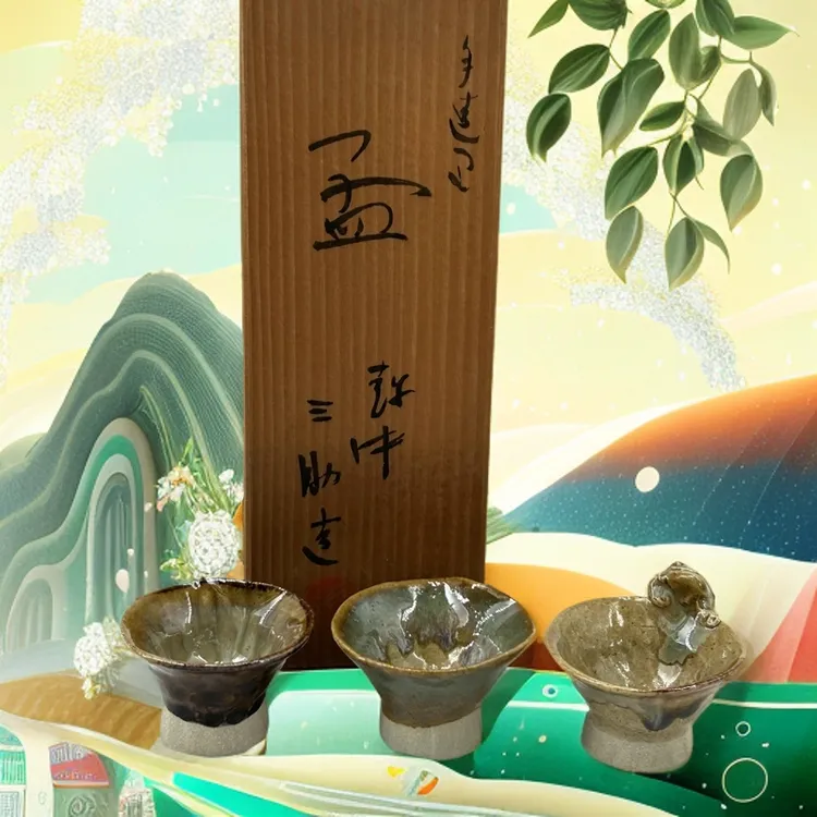 日本舶来品 越中三助釉变陶品茗杯三个，创意手工捏制品相尺寸如图