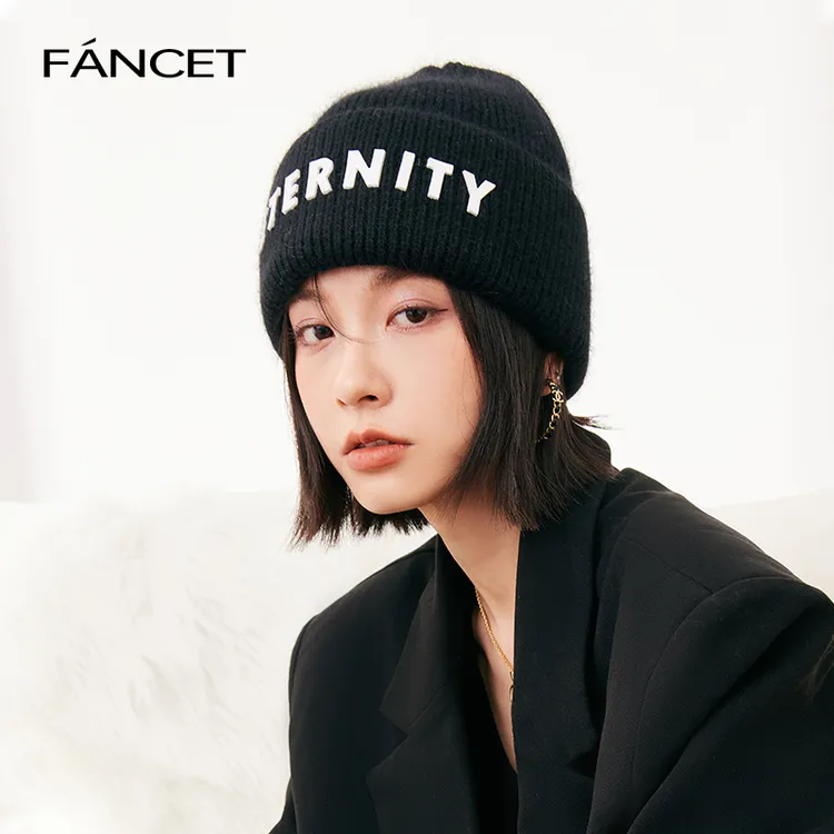 Fancet冬季女兔毛毛线帽韩版字母针织帽保暖帽子百搭时尚CM93063