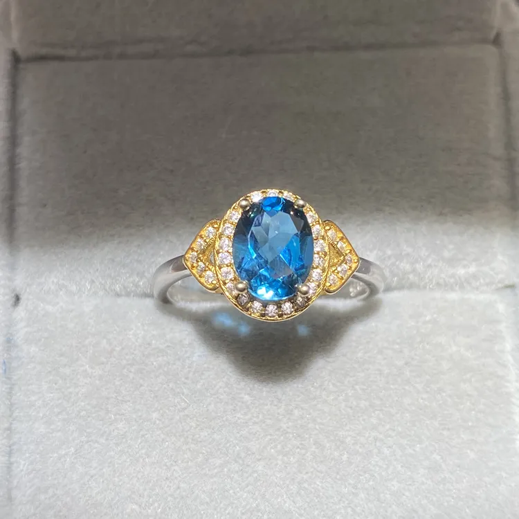 天然伦敦蓝托帕石戒指s925银镶6*8mm简约轻奢精致气质时尚百搭