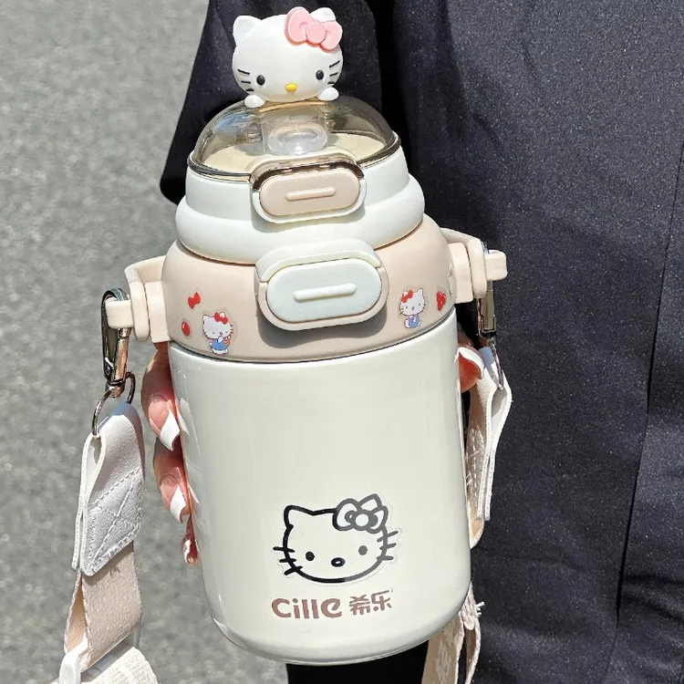 希乐保温杯女生高颜值可爱KT猫学生便携式双饮杯带吸管316不锈钢