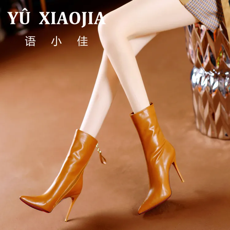 8CM[已开价]弹力高跟中筒靴2024秋冬季优雅尖头细跟半筒靴976-12D