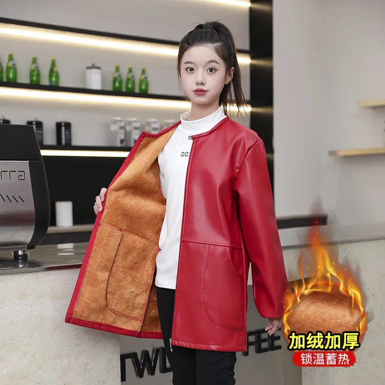 女士成人加绒皮罩衣秋冬季拉链长袖工作服厨房防水防油污pu皮围裙