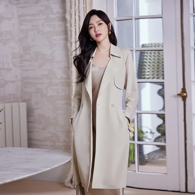 EP YAYING雅莹女装 桑蚕丝A字收腰长款风衣外套 新款7302A
