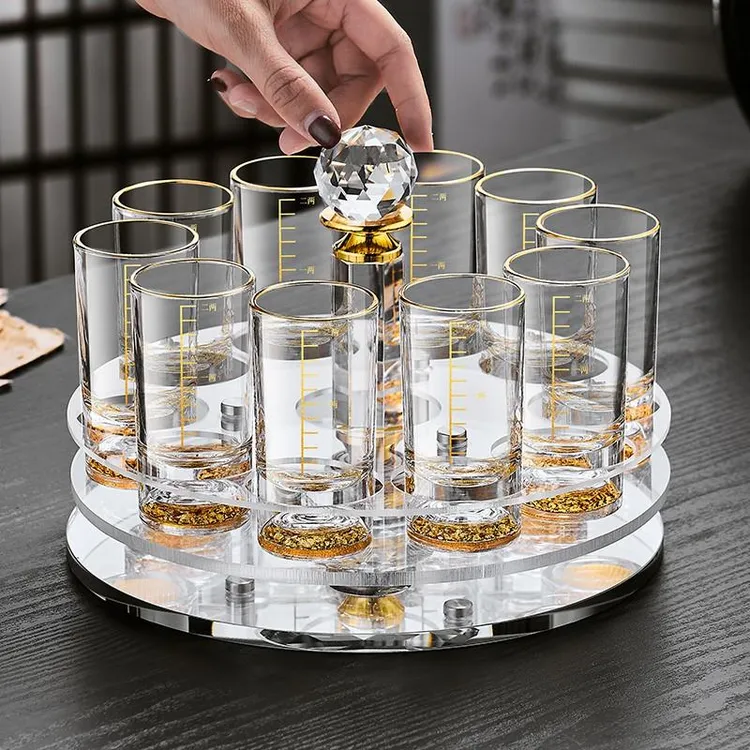 轻奢高档金箔白酒杯套装家用二两杯子加厚水晶玻璃带刻度烈酒杯