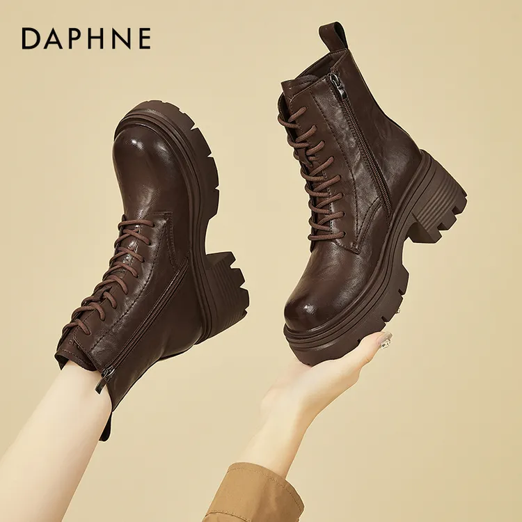达芙妮棕色马丁靴女款2025新款秋冬季加绒厚底短靴英伦风小皮鞋女