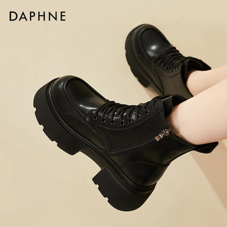 达芙妮黑色增高马丁靴女款2025新款秋冬季皮鞋女鞋加绒加厚短靴子