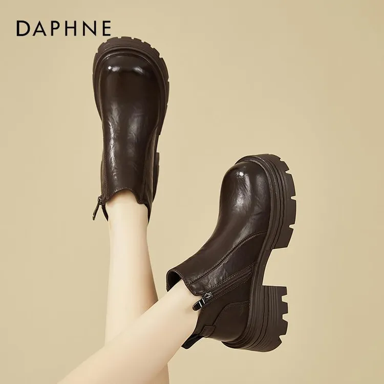 达芙妮厚底短靴女鞋子棕色马丁靴女款加绒秋冬季2025新款高跟皮鞋