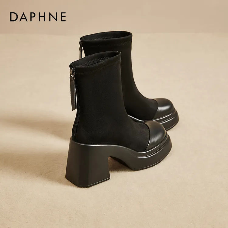 达芙妮短靴女粗跟秋冬季2025新款瘦瘦靴黑色切尔西靴厚底马丁靴女