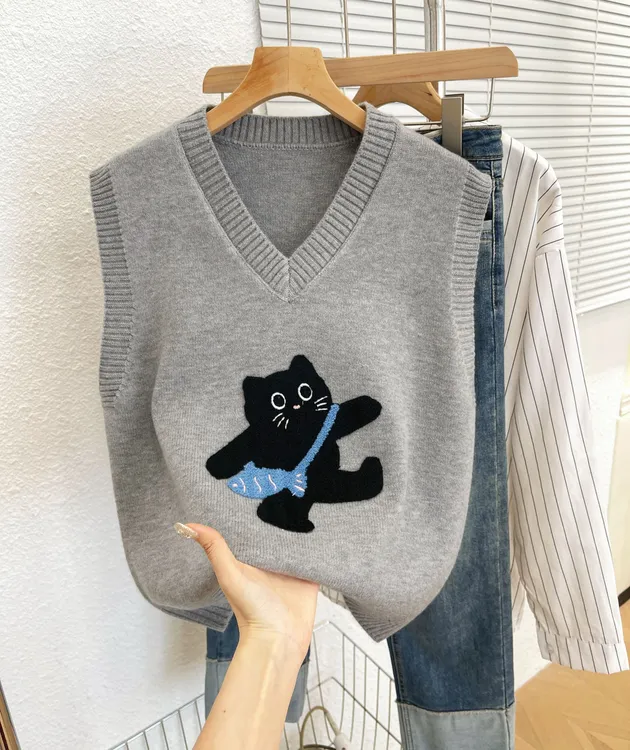 【V领】减龄针织毛衣马甲背心女刺绣小猫时尚百搭内搭马夹秋冬季