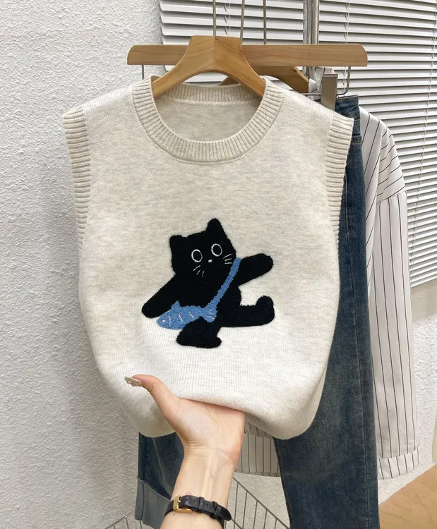 【年年有余】可爱减龄针织毛衣马甲背心女经典刺绣小猫内搭马夹春秋