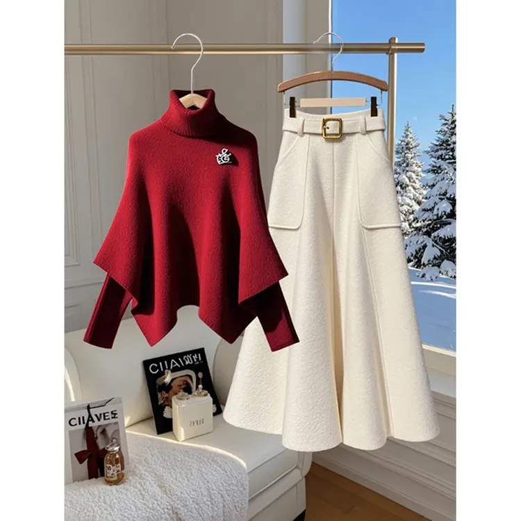 2024秋冬季穿搭一整套高级感圣诞风红色高领斗篷毛衣半身裙两件套