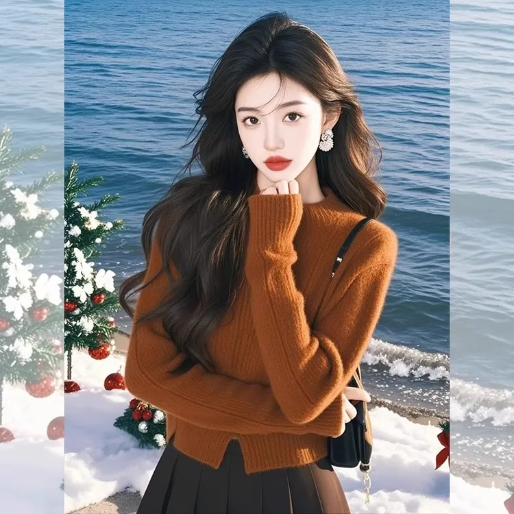 2024冬季气质高级感经典百搭咖色毛衣显瘦遮肉大女主宽松套头上衣