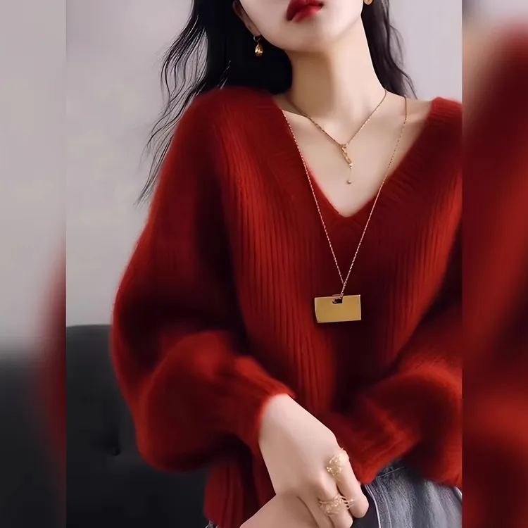 韩系氛围感圣诞红新年红纯色v领长袖针织毛衣女宽松休闲气质减龄