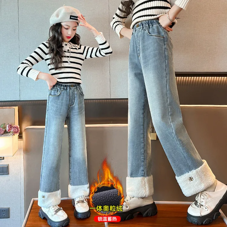 女童加绒裤子冬季新款加厚直筒牛仔裤儿童中大童秋冬宽松弹力长裤