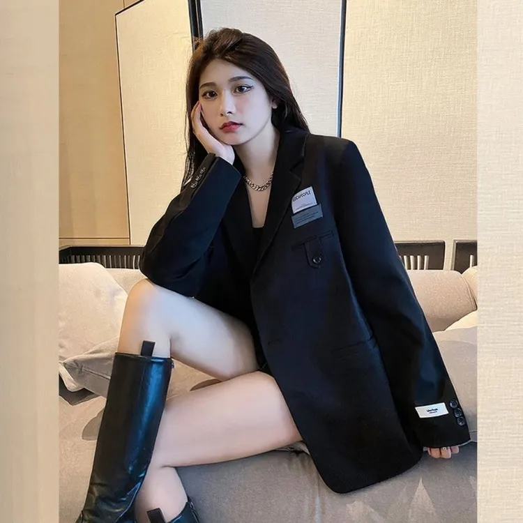 黑色垫肩西服2025新款小个子春秋款复古英伦风oversize西装外套女