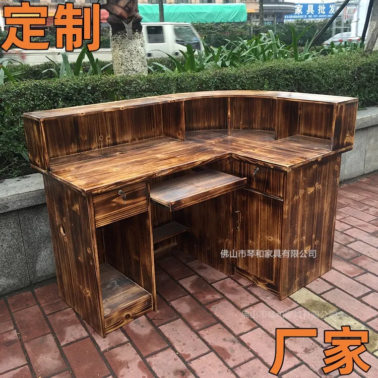 酒吧实木厂家直销碳化木收银台商用前台接待台杉木收银柜吧台木头