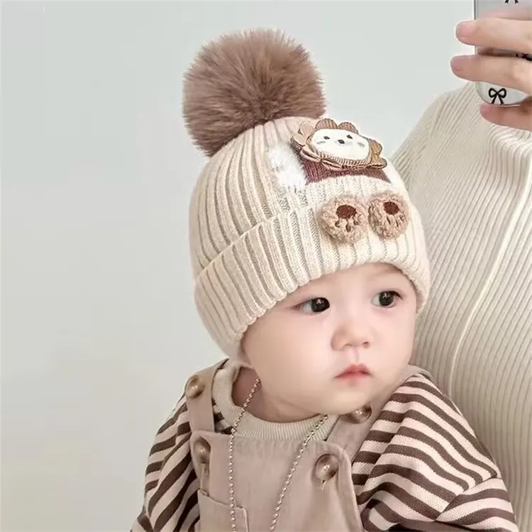 宝宝帽子秋冬季婴儿保暖套头帽可爱小狮子加厚毛线护耳帽男女童帽