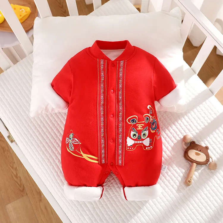宝宝拜年服婴儿衣服大红新年纯棉爬服连体衣婴幼儿120克夹棉哈衣