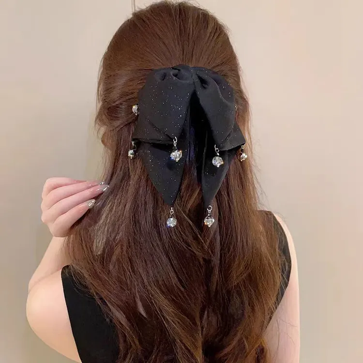 气质优雅碎钻珠珠缎面蝴蝶结马尾抓夹后脑勺盘发发夹2024新款头饰