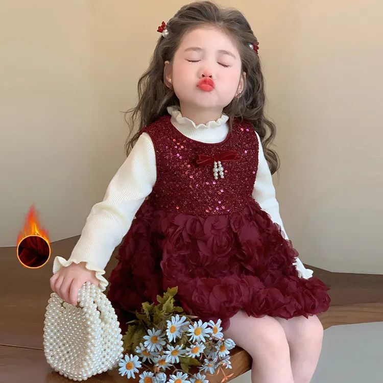 2025年冬新款女宝宝甜美玫瑰连衣裙两件套装小女孩洋气年服连衣裙