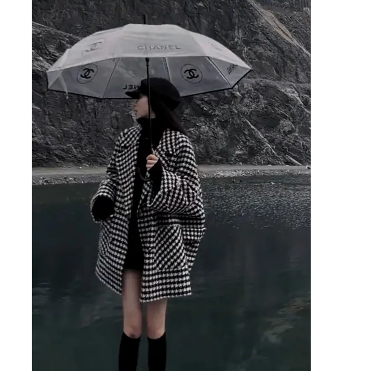 韩版宽松小香风千鸟格呢子外套女秋冬新款复古中长气质小个子大衣