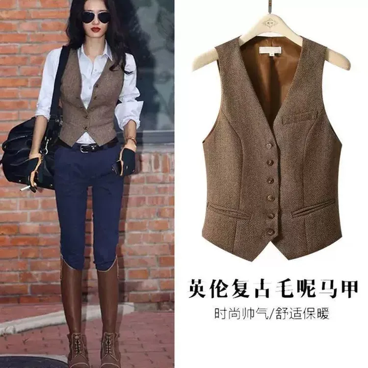 复古叠穿人字呢西装马甲英伦流行修身时尚叠穿坎肩V领马夹背心