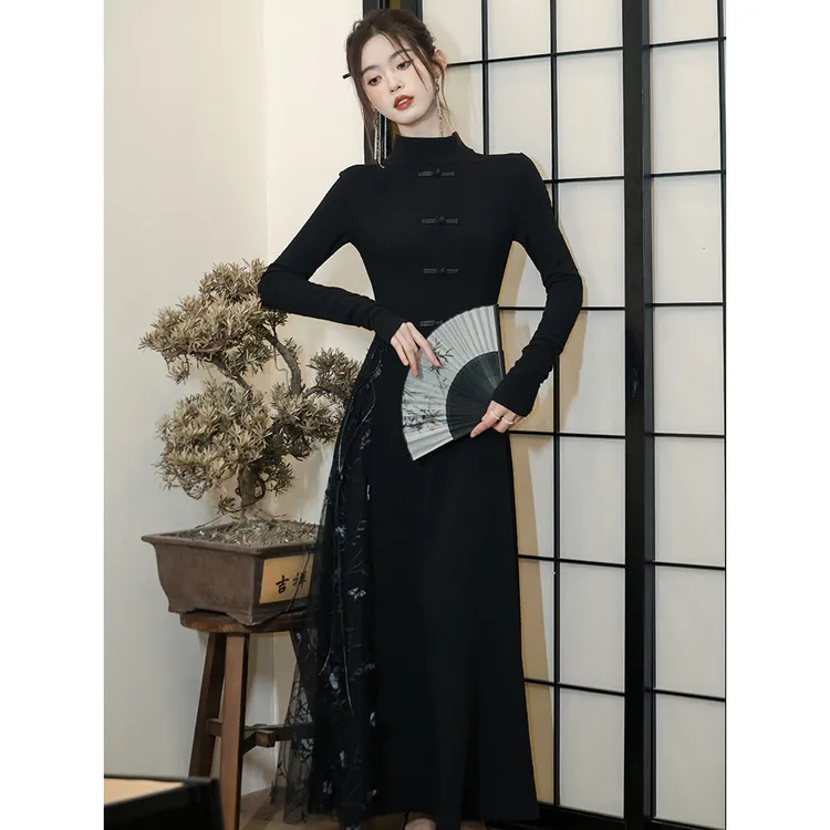 春季新中式优雅针织面料拼接网纱显瘦修身连衣裙国风女装黑裙气质