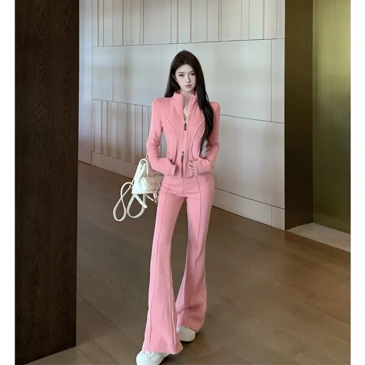网红气质休闲女士时尚百搭服装加绒长袖运动两件套女微喇修身套装