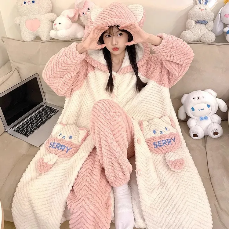 珊瑚绒睡衣女秋冬季加厚加绒法兰绒睡袍学生宿舍卡通家居服套装女