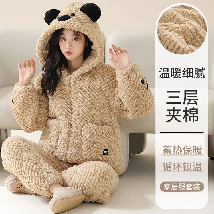 女法兰绒珊瑚绒冬天小个子保暖家居加厚加绒可外穿睡衣长款家居服