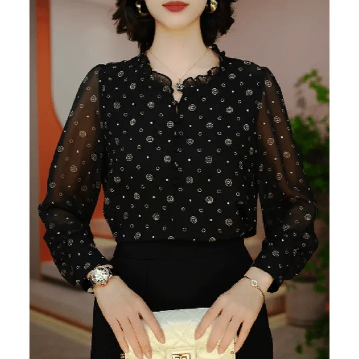 高端长袖时尚上衣女显瘦显白百搭印花圆领减龄小衫